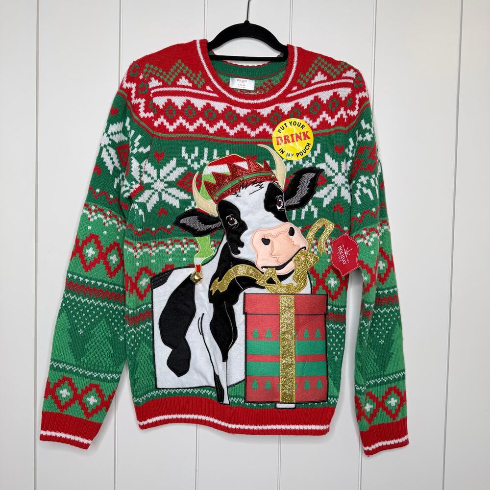 Holiday Time Ugly Christmas Sweater Cow Kangaroo Pouch Men’s S NWOT